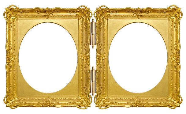 Double golden frame (diptych) for paintings, mirrors or photos isolated on white background - Photo, Image