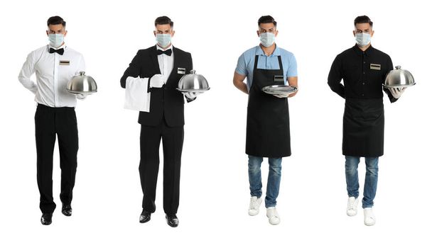 Collage with photos of waiter wearing medical mask on white background. Protective measures during coronavirus outbreak, banner design - Fotografie, Obrázek