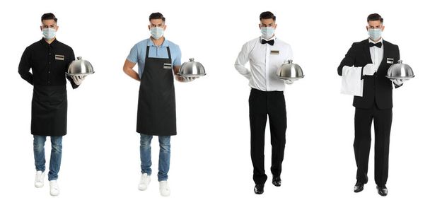 Collage with photos of waiter wearing medical mask on white background. Protective measures during coronavirus outbreak, banner design - Zdjęcie, obraz
