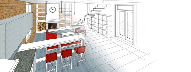 εσωτερικό σαλόνι κουζίνα 3d εικονογράφηση - Φωτογραφία, εικόνα