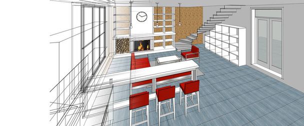 cuisine intérieure salon 3d illustration - Photo, image