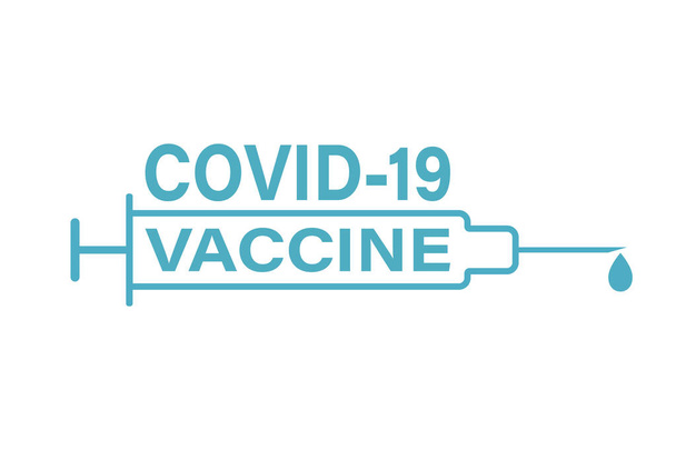  Covid-19ワクチンロゴのデザイン。印刷所のベクトルデザイン。白い背景に隔離されたロゴデザイン。注射用医療注射器.コロナウイルスの予防接種と制御の概念. - ベクター画像