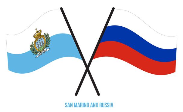 San Marino e la Russia Bandiere attraversate e sventolando stile piatto. Proporzione ufficiale. Colori corretti. - Vettoriali, immagini