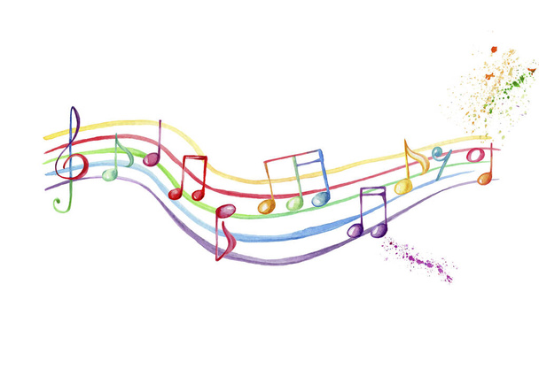 Watercolor hand draw illustration with rainbow music staff and treble clef and musical notes and colorful splash, with white isolated - Valokuva, kuva