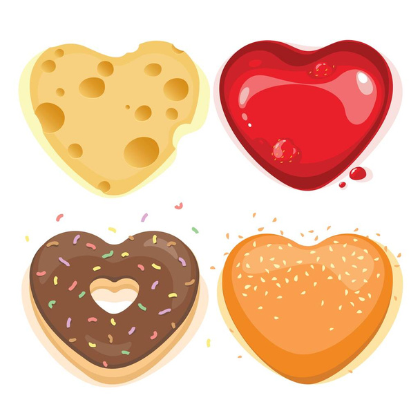 juego de vectores de bollos en forma de corazón, mermelada en forma de corazón con una gota, dona en chocolate, bollo de semilla de sésamo, queso en forma de corazón, delicioso conjunto para el día de San Valentín, para seres queridos, de seres queridos, regalo con amor - Vector, imagen