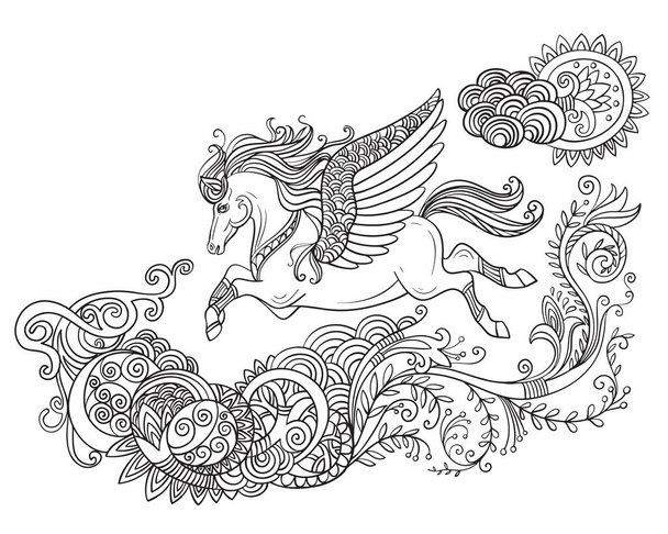 Рисование изолированной лошади с крыльями и длинной гривой. Tangle style для взрослых раскраски книги, татуировки, дизайн футболки, логотип, знак. Стилизованная иллюстрация единорога в стиле путанных каракулей. - Вектор,изображение