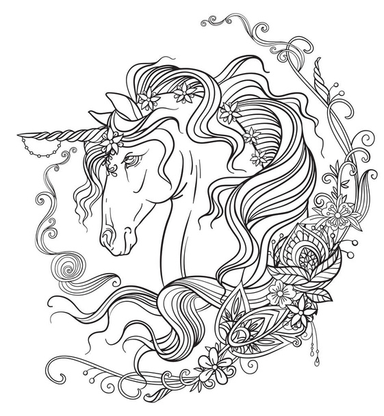 Käsi piirustus eristetty yksisarvinen pitkä harja ja kukka koostumus. Tangle tyyli aikuisten värityskirja, tatuointi, t-paita suunnittelu, logo. Tyylikäs kuva hevonen yksisarvinen vyyhti doodle tyyli. - Vektori, kuva