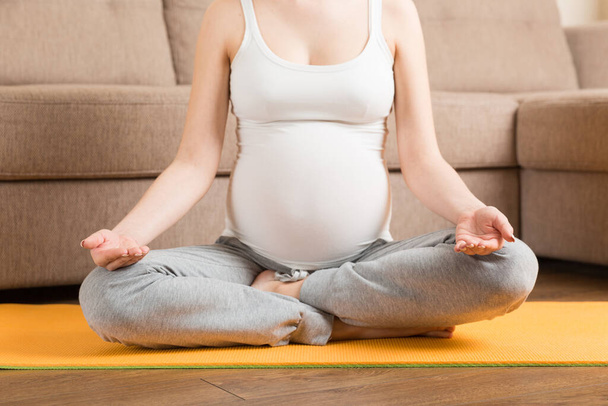 Evde çalışan genç hamile yoga modelinin portresi. Coronavirus zamanında hamilelik Yogası ve Spor Konsepti. - Fotoğraf, Görsel