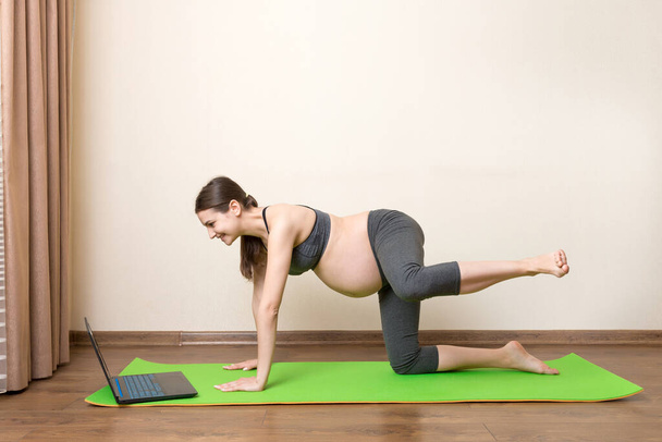 Young happy healthy yoga fitness beautiful pregnant woman doing bakasana yoga workout on yoga mat opposite laptop with online master class. lifestyle concept at coronavirus time. - Фото, изображение