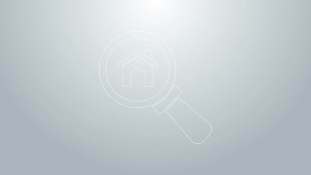 Синяя линия Поисковый дом выделен на сером фоне. Символ недвижимости дома под увеличительным стеклом. Видеографическая анимация 4K - Кадры, видео