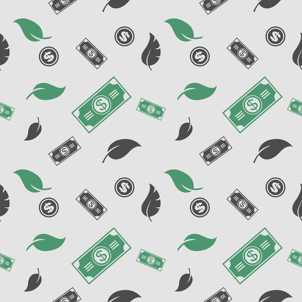 US Dollar bill and leaf seamless pattern. Flat style.  - Vector, Image