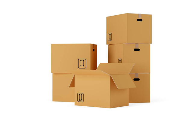 Stacks of open and closed brown cardboard moving storage boxes over white background, moving day concept, 3D illustration - Photo, Image
