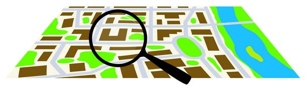 City map with a magnifying glass. Vector illustration. - Vetor, Imagem