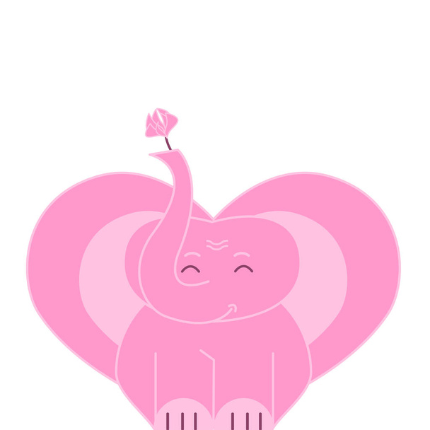 Funny elephant with flower. Valentines day background for greeting card, print. Isolated flat illustration. - Vetor, Imagem