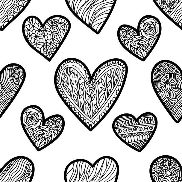 Valentinstag Thema Malbuch. Doodle Antistress Hand mit Herzform gezeichnet. Zen-Wirrwarr. Nahtloses Muster - Vektor, Bild