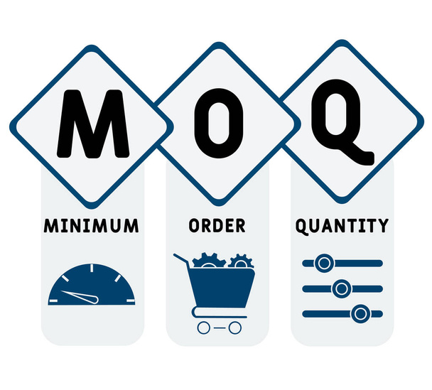 MOQ - сокращенное название минимального заказа. бизнес-концепция фона. концепция векторной иллюстрации с ключевыми словами и значками. буквенные иллюстрации с иконками для веб-баннера, флаера, целевой страницы - Вектор,изображение