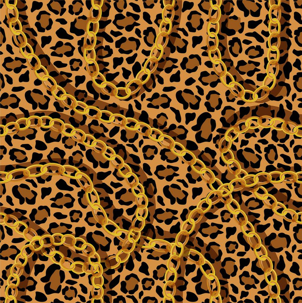 Cheetah skin with gold chains seamless pattern. Panther yellow spots with black jaguar scheme outlines. - Vector, Image