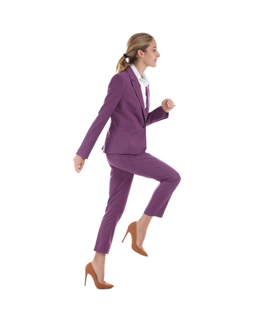 Businesswoman walking on white background. Career ladder - 写真・画像