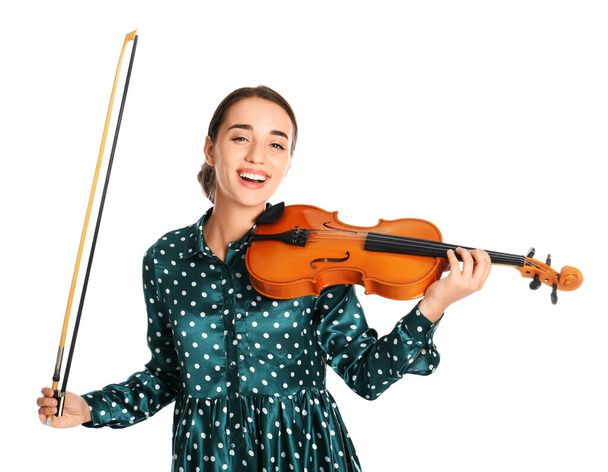 Beautiful woman with violin on white background - Fotoğraf, Görsel
