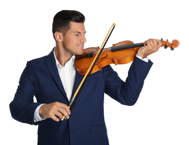 Happy man playing violin on white background - Foto, afbeelding