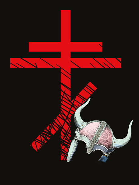 Vector illustratie van een Russisch kruis en gevallen gehoornde helm geïsoleerd op zwart.  - Vector, afbeelding