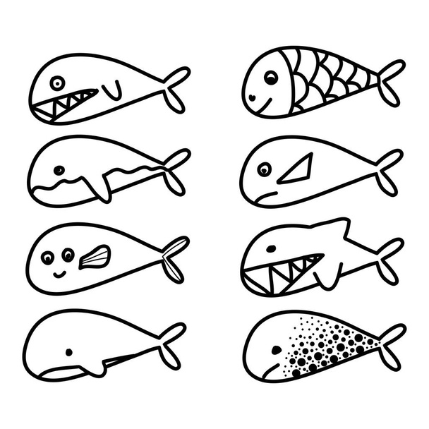 Set von Fischen und Walen, verschiedene Stimmung niedlich gut böse, schwarz-weiß handgezeichnete Doodle-Vektor-Illustration - Vektor, Bild