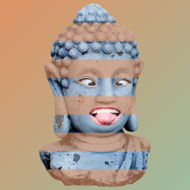 Kollázs vakolat fej modell, szobor buddha és női portré elszigetelt színes kék és rózsaszín háttérrel. Modern dizájn. Kortárs színes és konceptuális fényes művészeti kollázs. - Fotó, kép