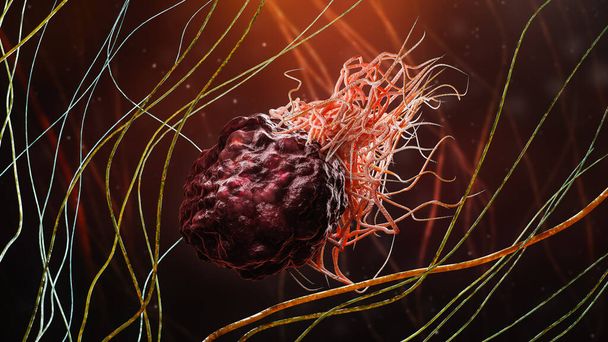 Kanker of tumorcel binnen vezelweefsel close-up 3D rendering illustratie. Carcinoom, lymfoom, oncologie, geneeskunde, wetenschap, microbiologie, kankerpathologie, gezondheidsconcepten. - Foto, afbeelding