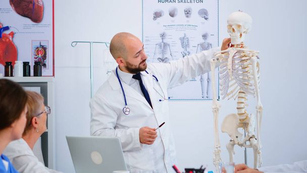 Specialist doctor showing body bone functionson using skeleton model - Photo, Image