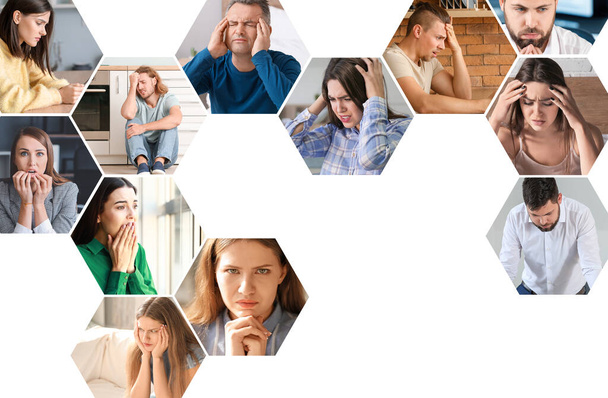 Collage of different stressed people on white background - Photo, Image