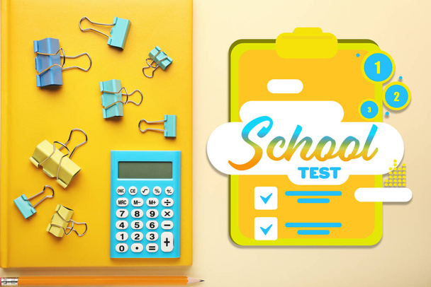 Text "School test" and modern stationery on color background - Φωτογραφία, εικόνα