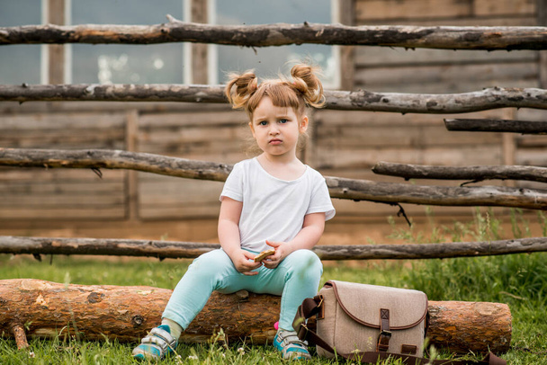 retrato ao ar livre de uma menina sentada na grama perto do fence.Summer na aldeia. linda menina em um bench.ecology de madeira e infância feliz - Foto, Imagem