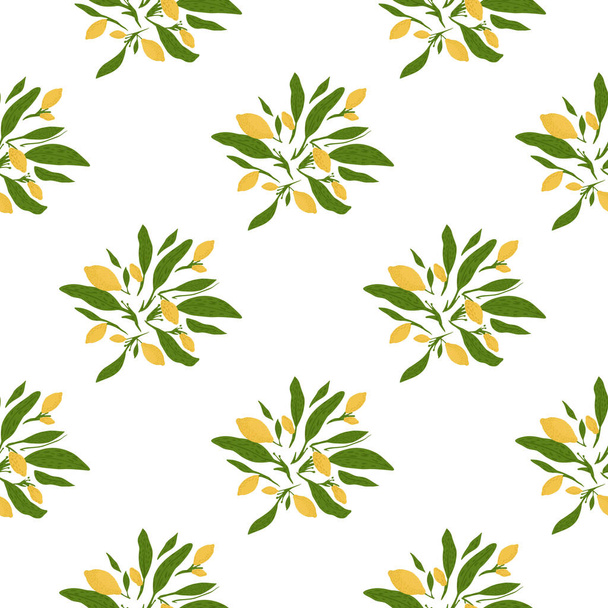 Isolated lemon fruit seamless doodle pattern with green leaves. White background. Vector illustration for seasonal textile prints, fabric, banners, backdrops and wallpapers. - Διάνυσμα, εικόνα