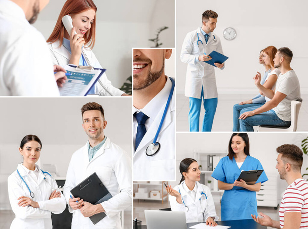 Collage de fotos con médicos y pacientes en la clínica moderna - Foto, Imagen
