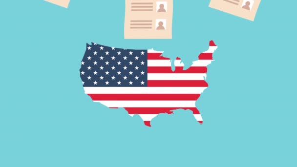 választási nap demokratikus animáció szavazólapokkal és amerikai zászló a térképen - Felvétel, videó