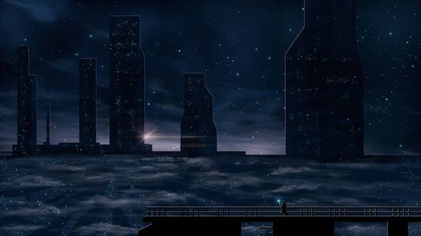 Человек стоит на крыше и смотрит на абстрактный современный научно-фантастический красочный город с ночным небом и звездами. 3D иллюстрация - Фото, изображение