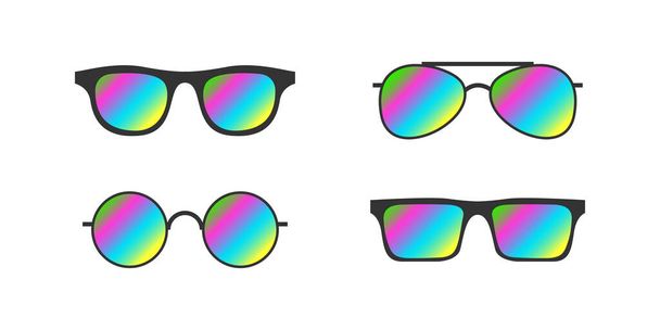 Gafas de sol. Set de gafas de sol modernas. Accesorios de moda. Gradiente abstracto multicolor vívido. Ilustración vectorial - Vector, imagen