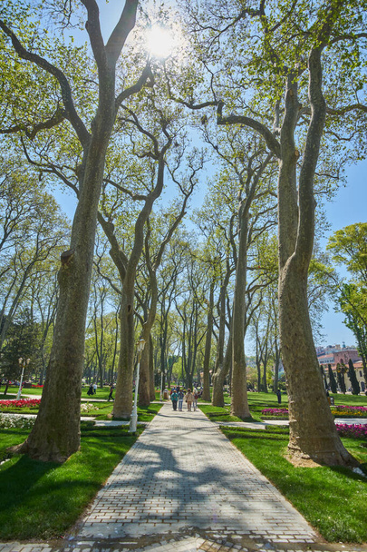 Estambul, Turquía - 23 de abril de 2018, Festival Anual de Primavera de Tulipanes nuevo diseño Gulhane Park, la gente local y los turistas están descansando, haciendo fotos, rebanada de la vida, editorial. - Foto, imagen