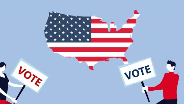 día de las elecciones animación democrática con los votantes pareja con pancartas y bandera de EE.UU. en el mapa - Imágenes, Vídeo