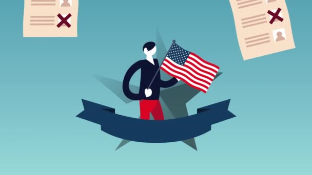 választási nap demokratikus animáció szavazólapokkal és férfi emelés USA zászló - Felvétel, videó