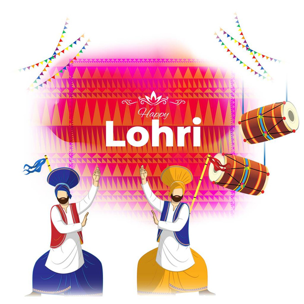 Ilustración vectorial de la bandera del concepto de celebración de Happy Lohri, gente bailando y celebrando con tambor, festival Punjabi. - Vector, Imagen