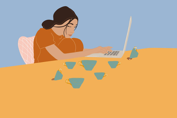 Mulher cansada trabalhando em laptop com um monte de xícaras de café em casa. Ilustração vetorial em tons pastel - Vetor, Imagem