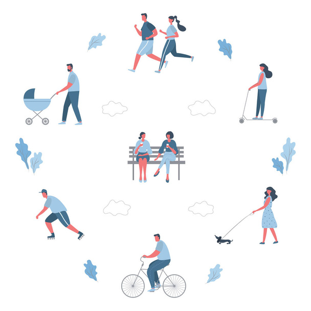 Summer people activities in park. Men and women are resting: ride a bicycle, rollerblading, scooter, walk with a baby stroller, walk a dog, drinking coffee. Healthy lifestyle concept.Flat style.Vector - Vector, Image