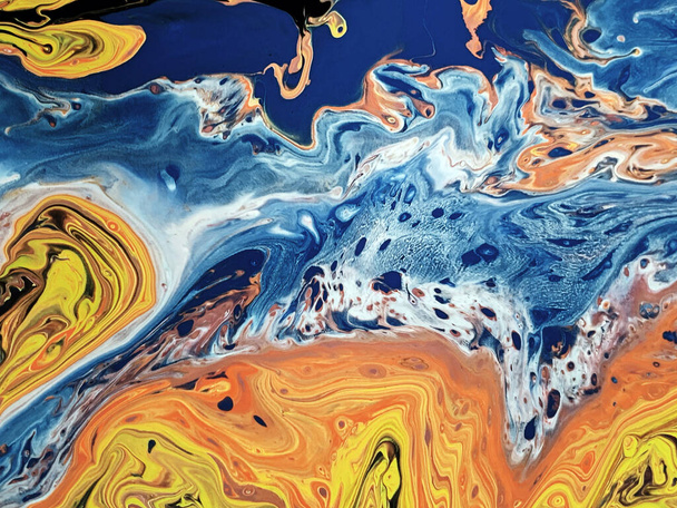 Beautiful Colorful Mixed Abstract Fluid Painting. Acrylic Vibrant Colors Paint Trendy Wallpaper for Technology. Wave Flow Swirl Fluid Marble Art Texture. Home Decoration Contemporary art Background. Home Decoration Canvas Art Painting Wall Design - 写真・画像