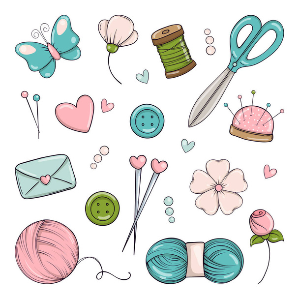 Handmade. Set of elements for knitting, sewing and needlework in doodle style. Vector illustration. - Vector, afbeelding