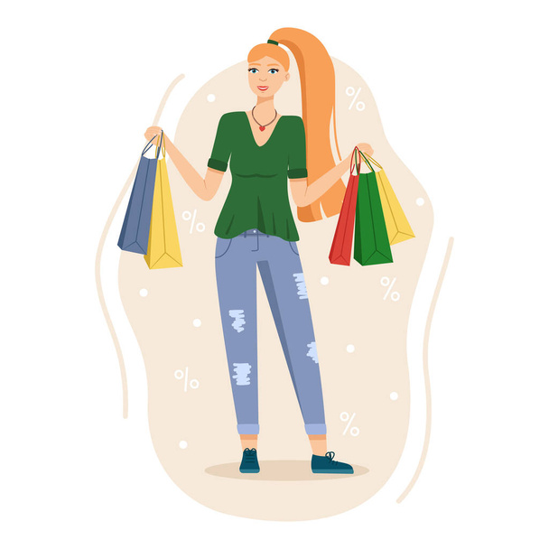 Счастливая женщина покупки, улыбающаяся девушка после успешных покупок, векторная иллюстрация - Вектор,изображение