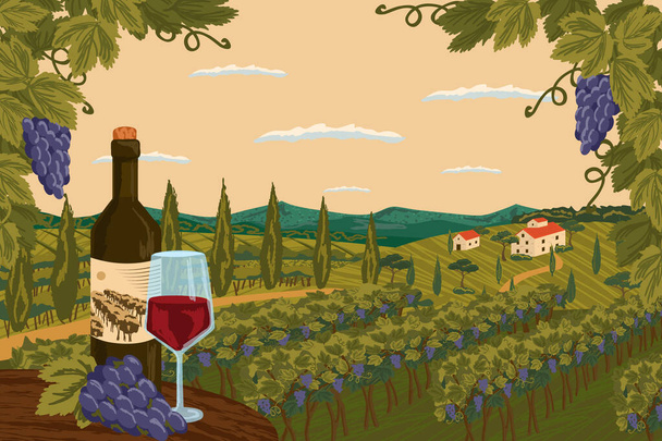背景にブドウ畑やワイナリー農場とブドウ畑の風景。赤ワインボトルにガラス。手描きベクトルイラストポスター - ベクター画像