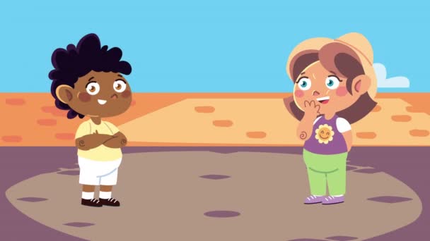 キャンプのアニメーションキャラクターの幸せな異人種間の子供たちは - 映像、動画