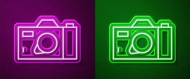 Glowing neon line Photo camera icon isolated on purple and green background. Foto camera icon.  Vector. - Vector, Image
