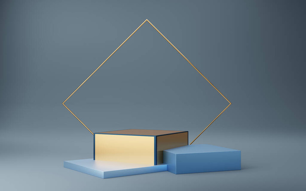 3 Пустой желтый кубический подиум с голубой каймой и золотой квадрат на синем фоне. Абстрактный трехмерный объект геометрической формы. Макет пространства для демонстрации дизайна продукта. 3d-рендеринг. - Фото, изображение